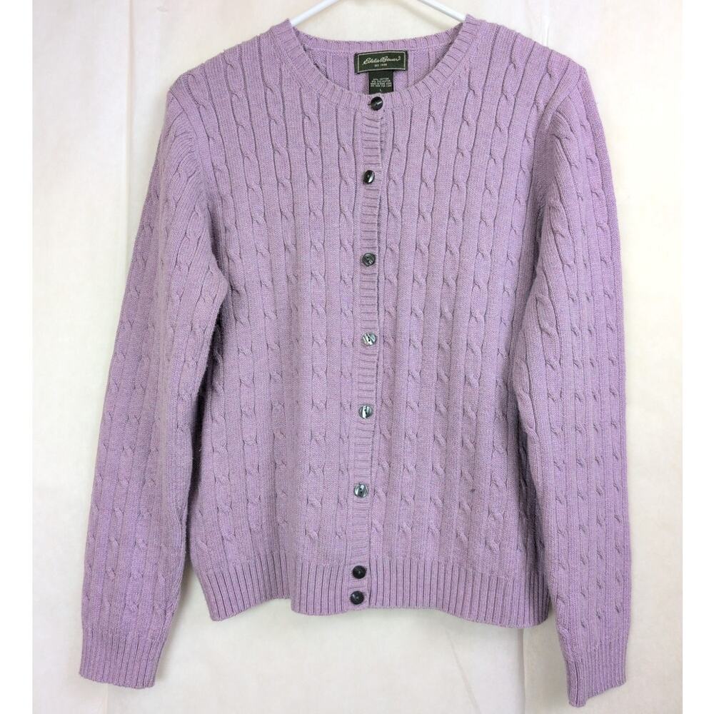 Eddie Bauer purple button front cable knit cardigan sweater Size L Preppy Cabin